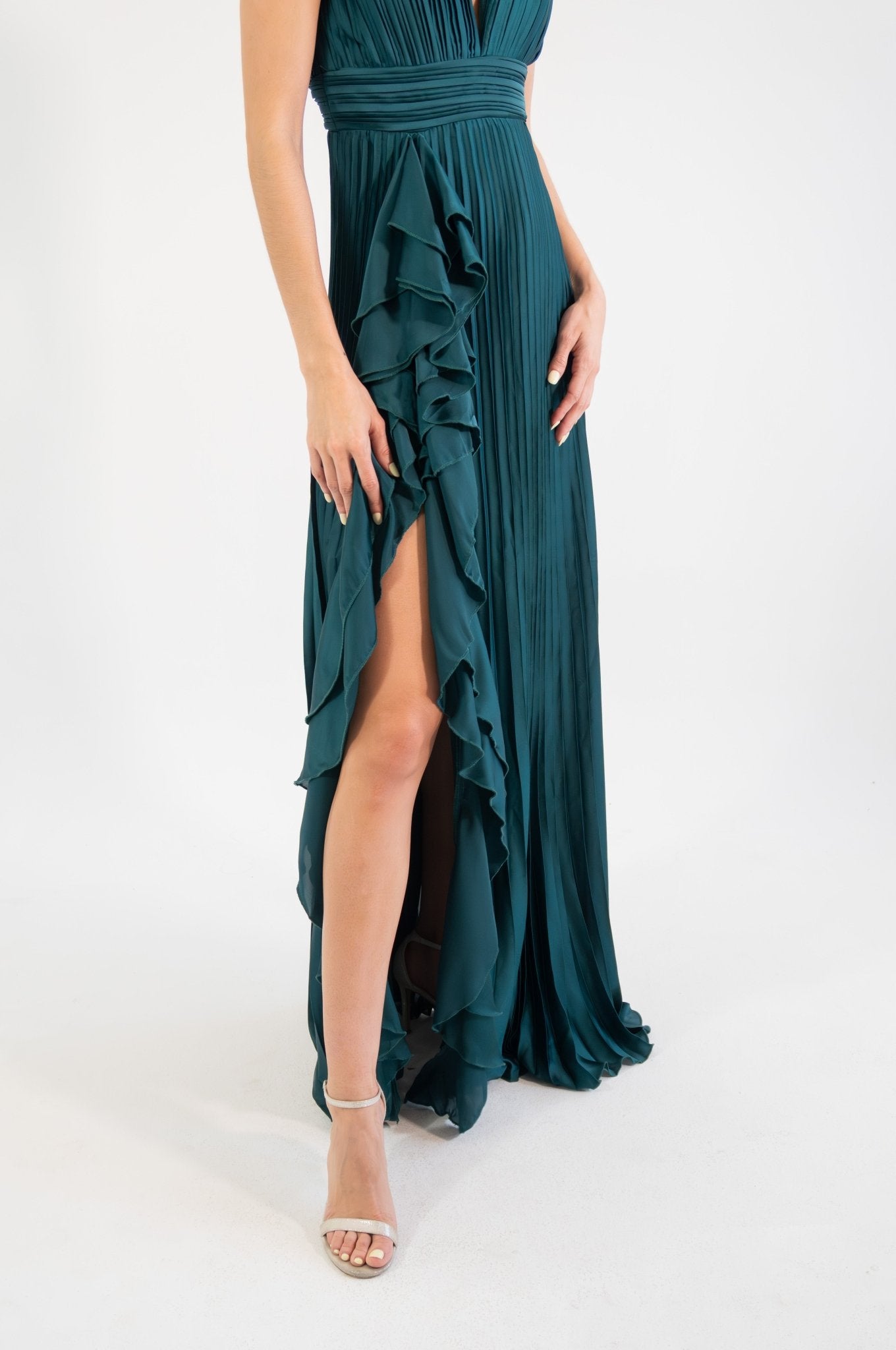 Dorota - verde satin - Cindel vestidos maxi, midi, mini, para toda ocasion, largos, de fiesta, de boda