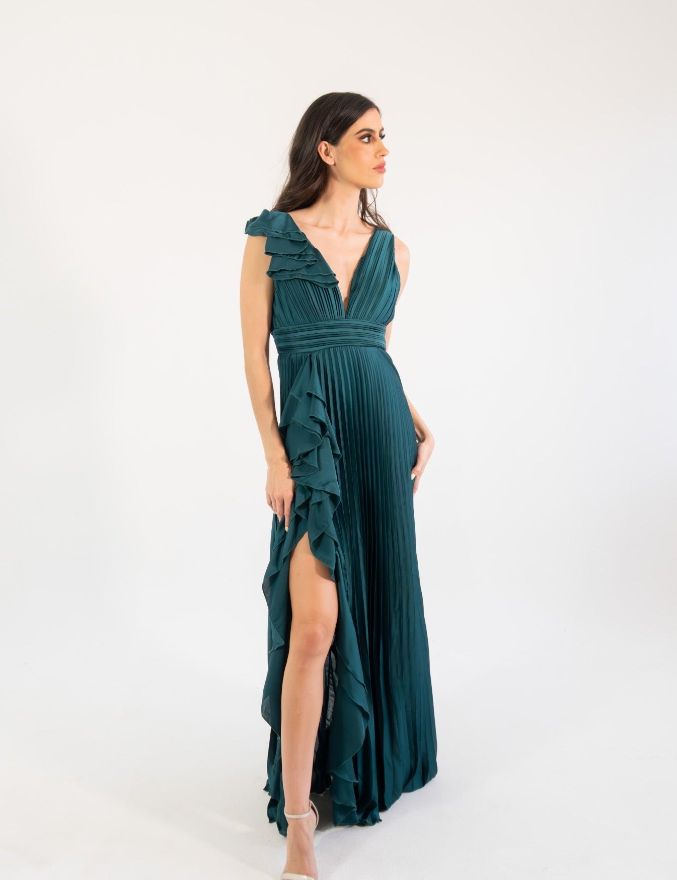 Dorota - verde satin - Cindel vestidos maxi, midi, mini, para toda ocasion, largos, de fiesta, de boda