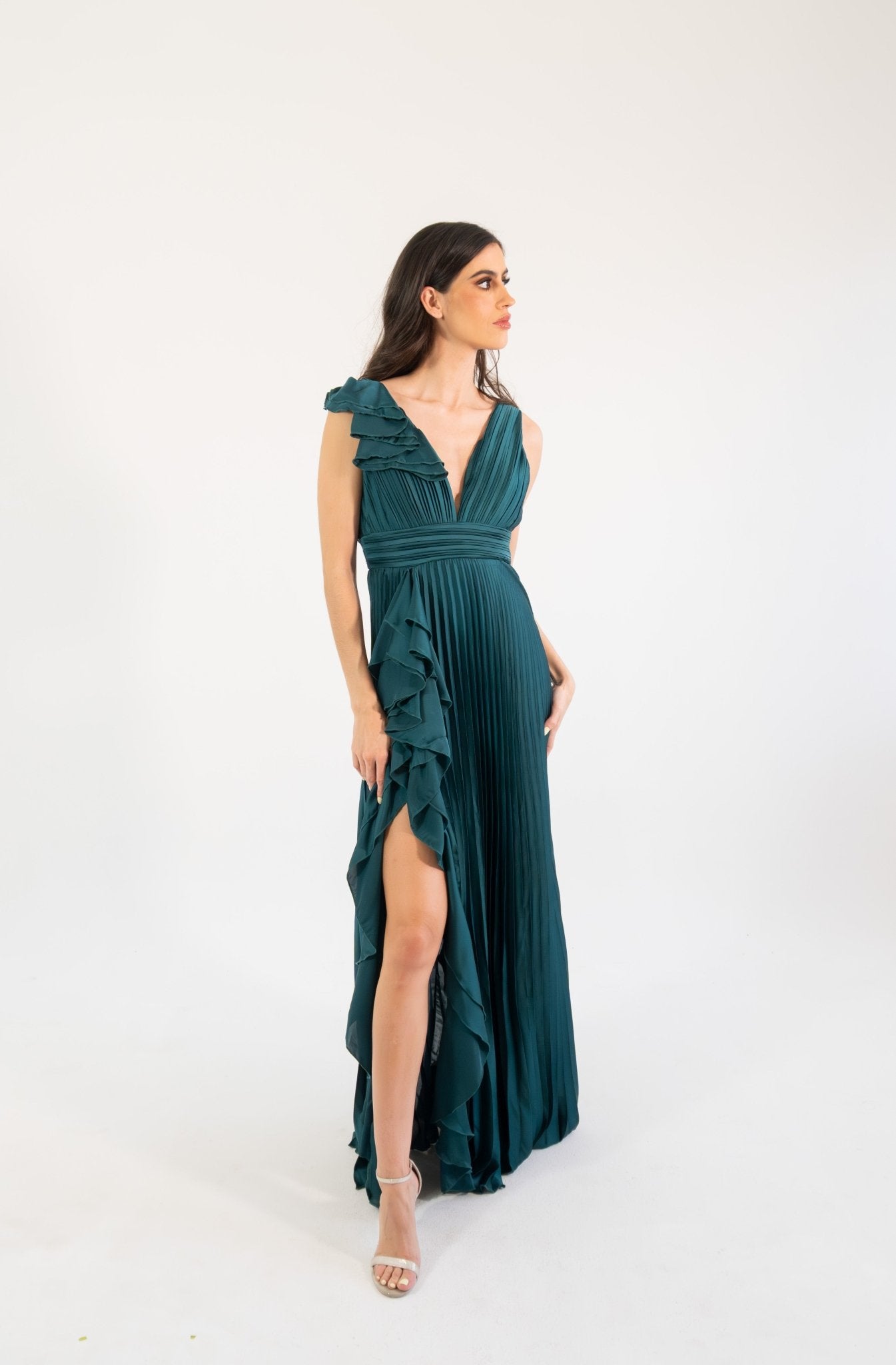 Dorota - verde satin - Cindel vestidos maxi, midi, mini, para toda ocasion, largos, de fiesta, de boda