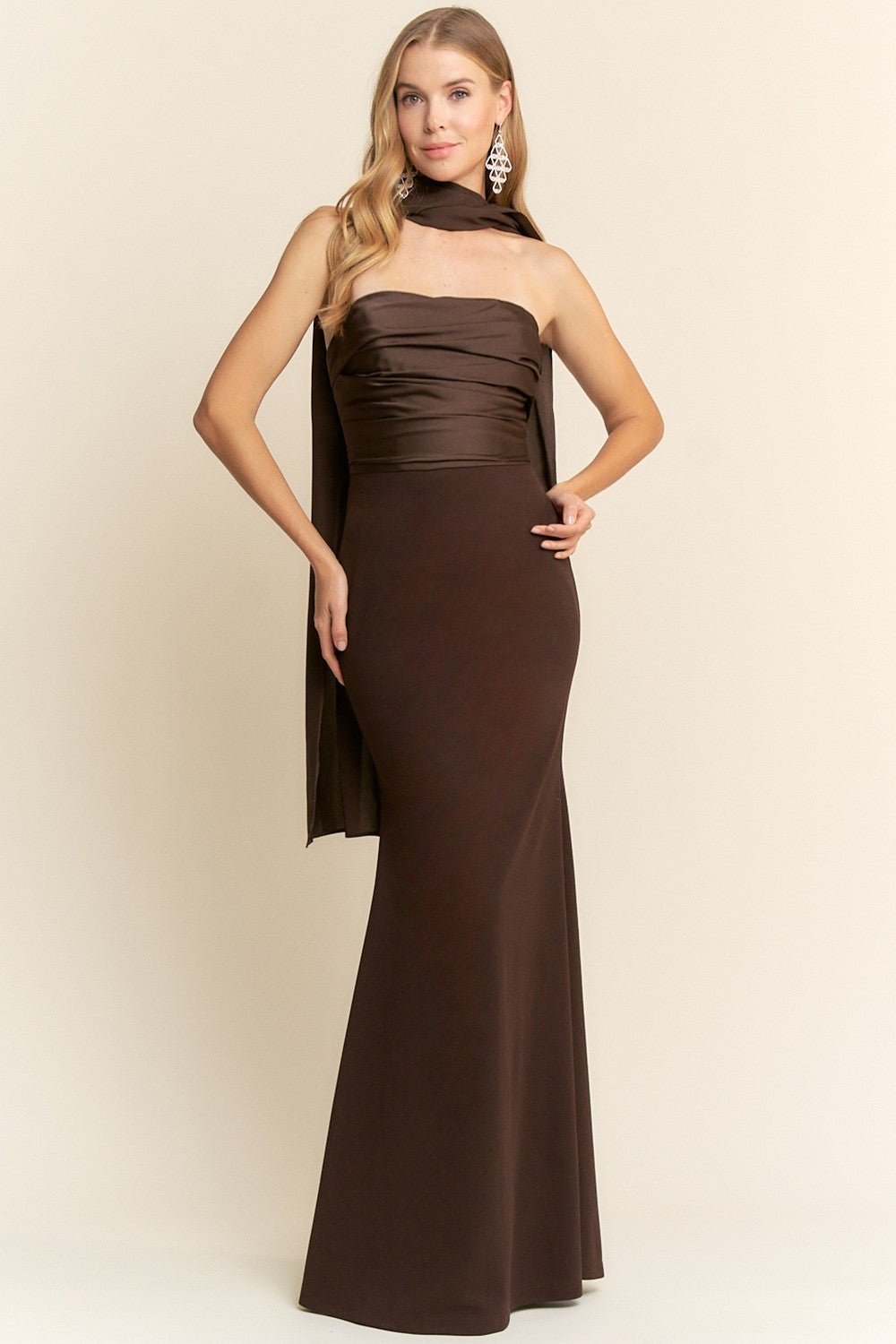 Estela - cafe - Cindel vestidos maxi, midi, mini, para toda ocasion, largos, de fiesta, de boda