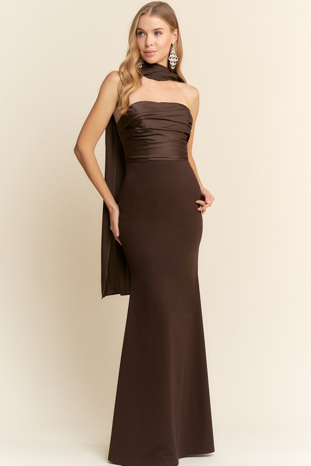 Estela - cafe - Cindel vestidos maxi, midi, mini, para toda ocasion, largos, de fiesta, de boda